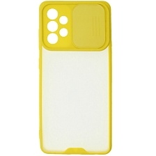 Чехол накладка LIFE TIME для SAMSUNG Galaxy A52 (SM-A525), силикон, пластик, матовый, со шторкой для защиты задней камеры, цвет окантовки желтый