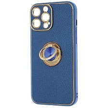 Чехол накладка для APPLE iPhone 13 Pro Max (6.7"), силикон, пластик, экокожа, металл, кольцо держатель, защита камеры, цвет синий