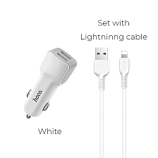 HOCO Z23 Grand style АЗУ (Автомобильное зарядное устройство) 2 USB, 2.4A + кабель APPLE lightning 8-pin, цвет белый.