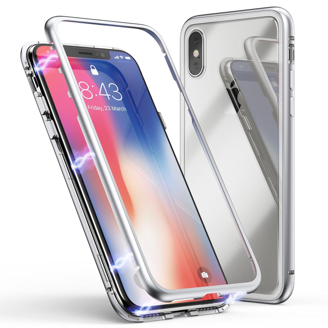 Чехол магнитный для APPLE iPhone X, XS, металл, стекло, цвет серебристо прозрачный.