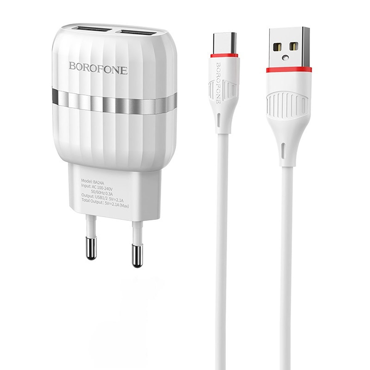 BOROFONE BA24A Vigour СЗУ 2 в 1 (сетевое зарядное устройство 5V-2.1A) + кабель USB-C aka Type-C, длина 1 метр, цвет белый.