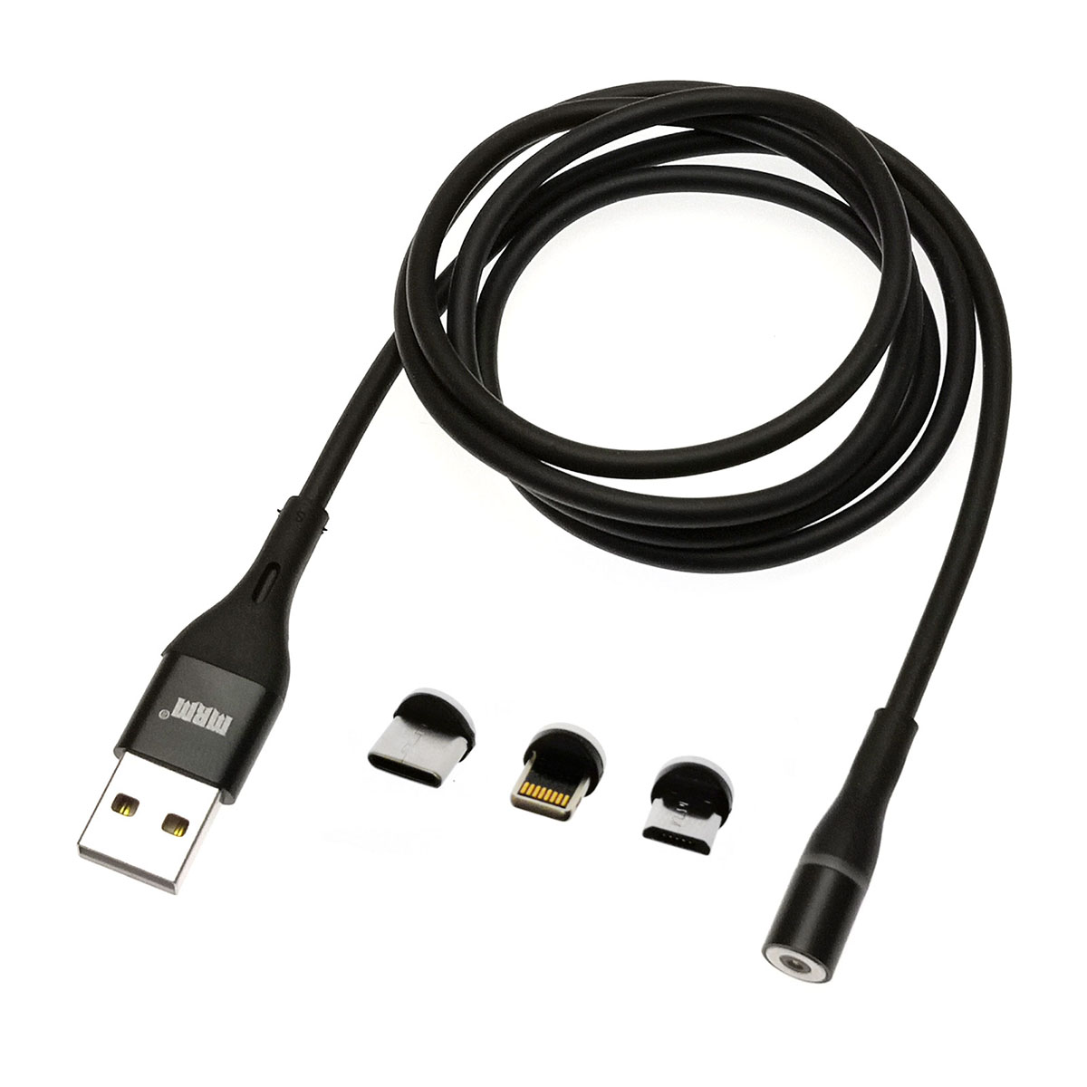 Магнитный зарядный кабель MRM 360 3 в 1, длина 1 метр, с магнитными насадками APPLE Lightning 8-pin, Micro USB, Type-C, цвет черный.