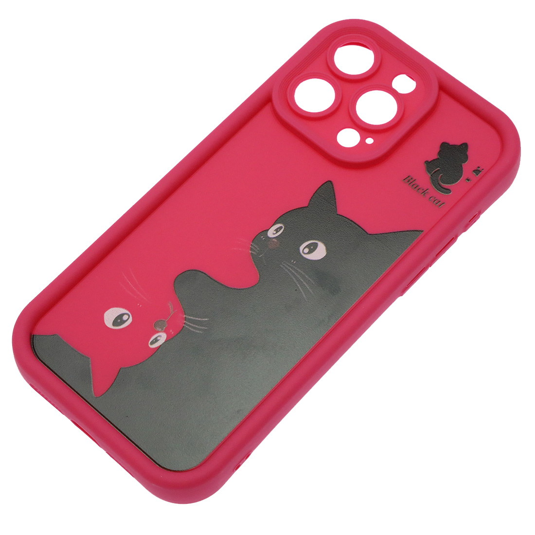 Чехол накладка для APPLE iPhone 15 Pro Max, силикон, защита камеры, бортики, рисунок черный и розовый кот