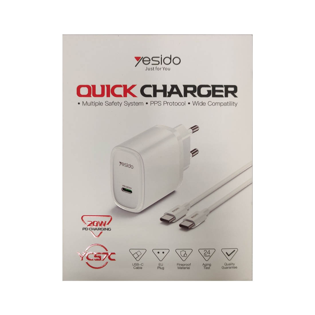 СЗУ (Сетевое зарядное устройство) YESIDO YC57C с кабелем USB Type C на USB Type C, PD20W, 1 USB Type C, длина 1 метр, цвет белый