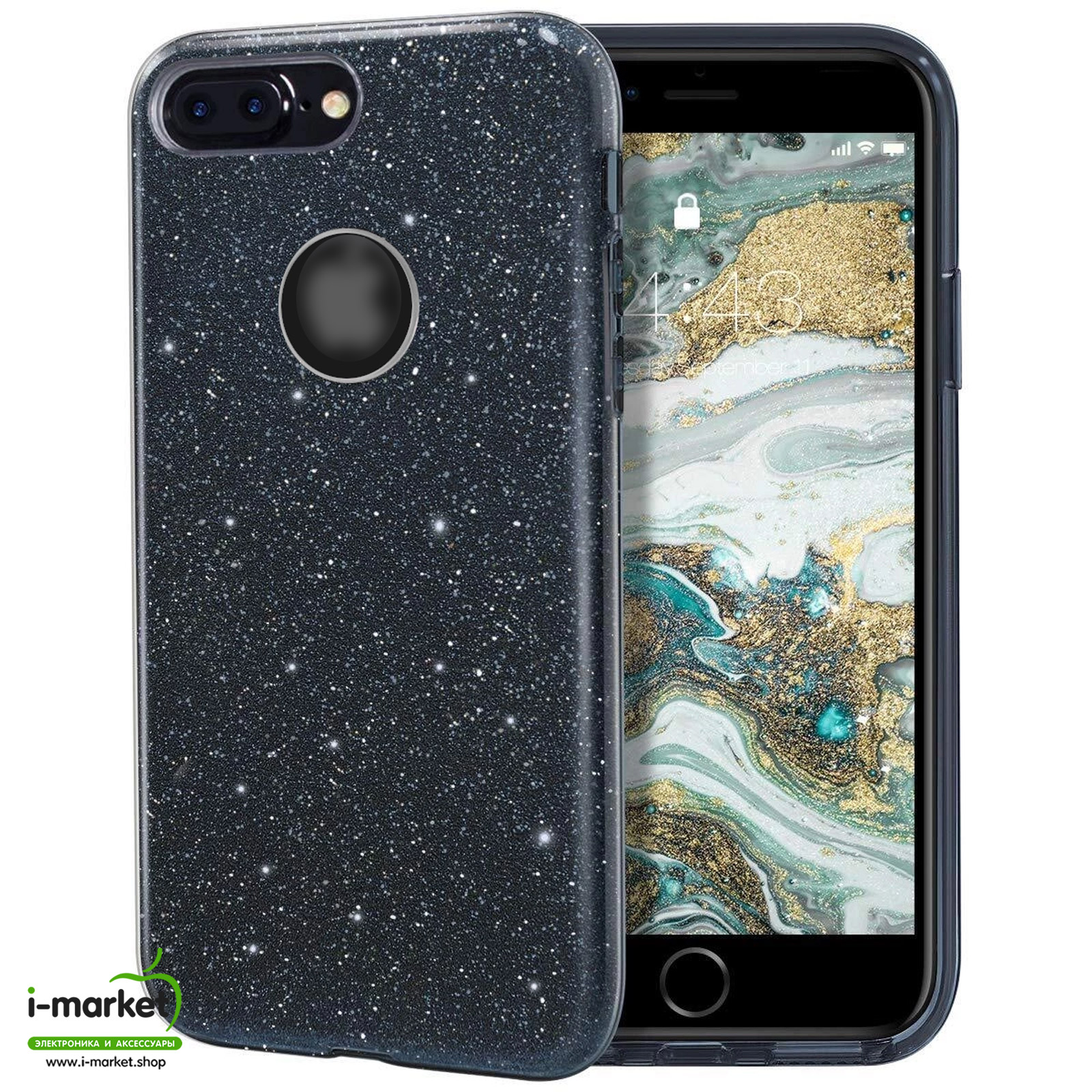 Чехол накладка Shine для APPLE iPhone 7 Plus, iPhone 8 Plus, силикон, блестки, цвет черный