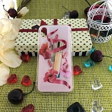 Чехол накладка для APPLE iPhone X, XS, силикон, рисунок Помада, цветы и алая ленточка.