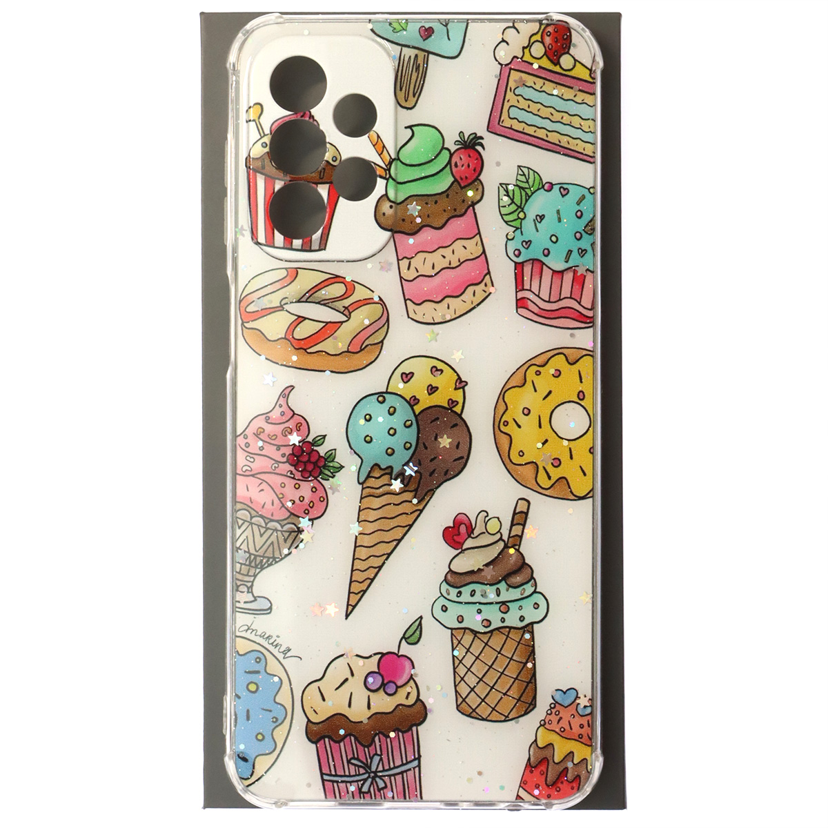 Чехол накладка для SAMSUNG Galaxy A23 (SM-A325F), силикон, глянцевый, блестки, рисунок Мороженое и пончики