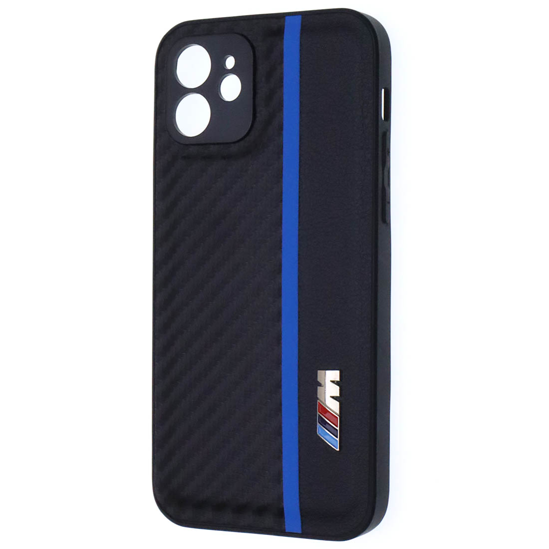 Чехол накладка для APPLE iPhone 12, силикон, карбон, экокожа, защита камеры, знак BMW M серии, цвет черный с синей полоской