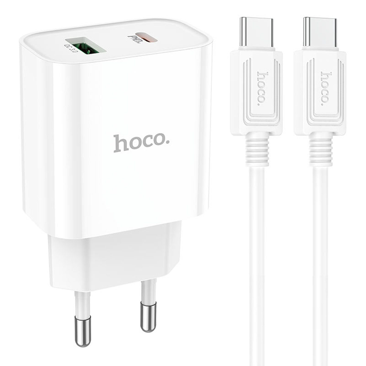 СЗУ (Сетевое зарядное устройство) HOCO C80A Plus Rapido с кабелем USB Type C на USB Type C, 20W, 1 USB Type C, 1 USB, QC3.0, PD20W, длина 1 метр, цвет белый