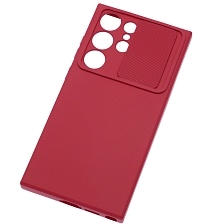 Чехол накладка для SAMSUNG Galaxy S23 Ultra, силикон, бархат, со шторкой для защиты задней камеры, цвет вишневый