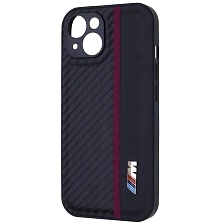 Чехол накладка для APPLE iPhone 15, силикон, карбон, экокожа, защита камеры, знак BMW M серии, цвет черный с бордовой полоской