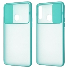 Чехол накладка для SAMSUNG Galaxy A20s (SM-A207), силикон, пластик, матовый, со шторкой для защиты задней камеры, цвет окантовки бирюзовый