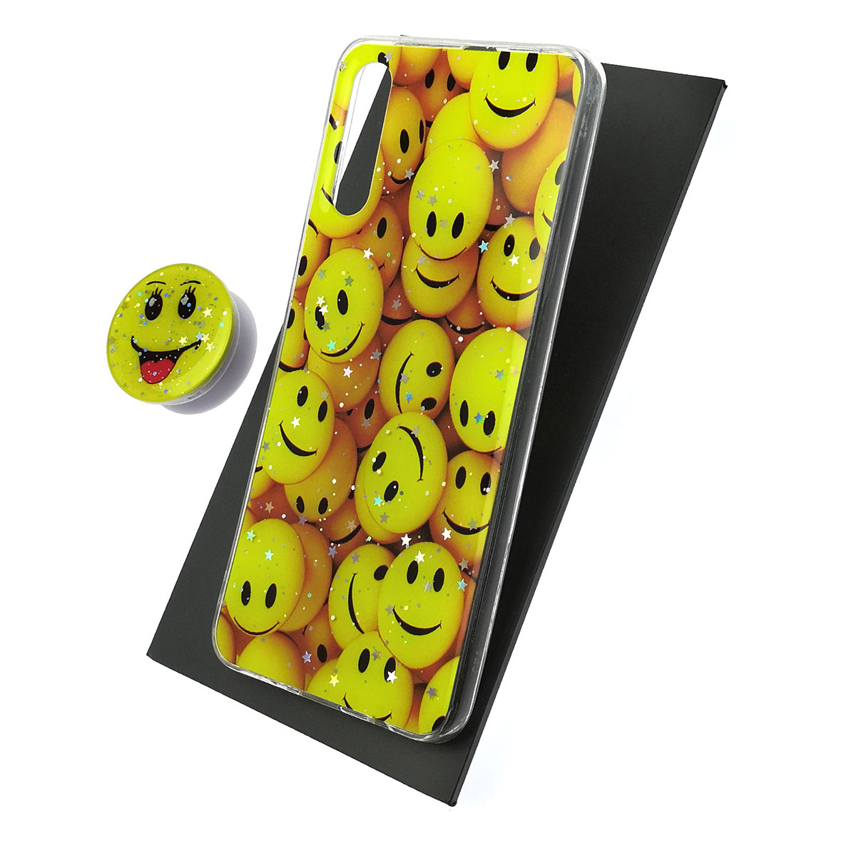 Чехол накладка для SAMSUNG Galaxy A50 (SM-A505), A30s (SM-A307), A50s (SM-A507), силикон, фактурный глянец, с поп сокетом, рисунок Smile