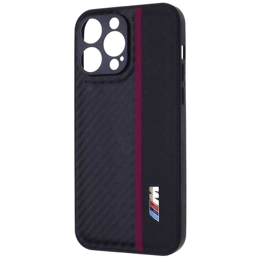 Чехол накладка для APPLE iPhone 14 Pro Max, силикон, карбон, экокожа, защита камеры, знак БМВ M серии, цвет черный с бордовой полоской