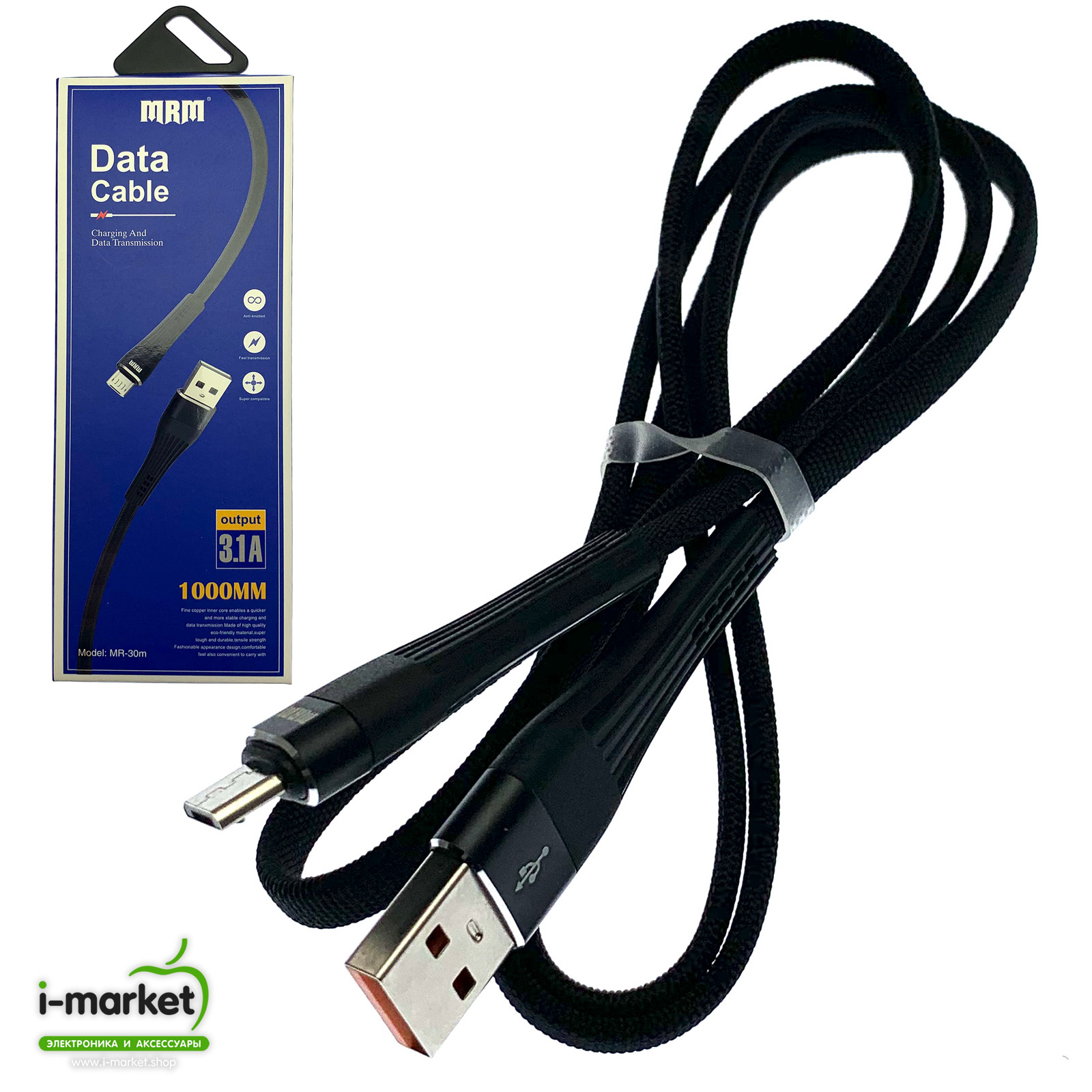 USB Дата-кабель MRM "MR-30m" Micro-USB, плоский в тканевой оплетке, длина 1 метр, цвет черный.