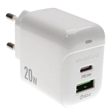 СЗУ (Сетевое зарядное устройство) BOROFONE BAS44A Potential, 20W, 1 USB Type C, 1 USB, PD20W, QC3.0, цвет белый