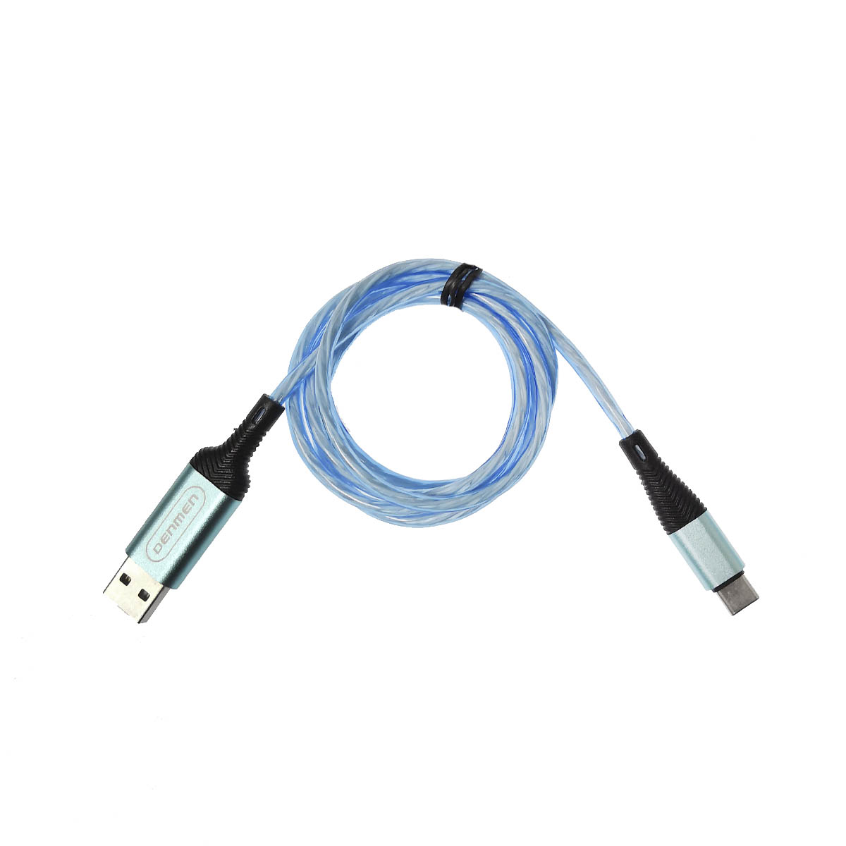 Кабель DENMEN D25T USB Type C, LED подсветка, 2.4A, длина 1 метр, цвет голубой