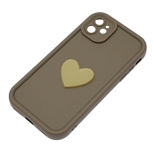 Чехол накладка для APPLE iPhone 11, силикон, 3D сердце, защита камеры, бортики, цвет коричневый