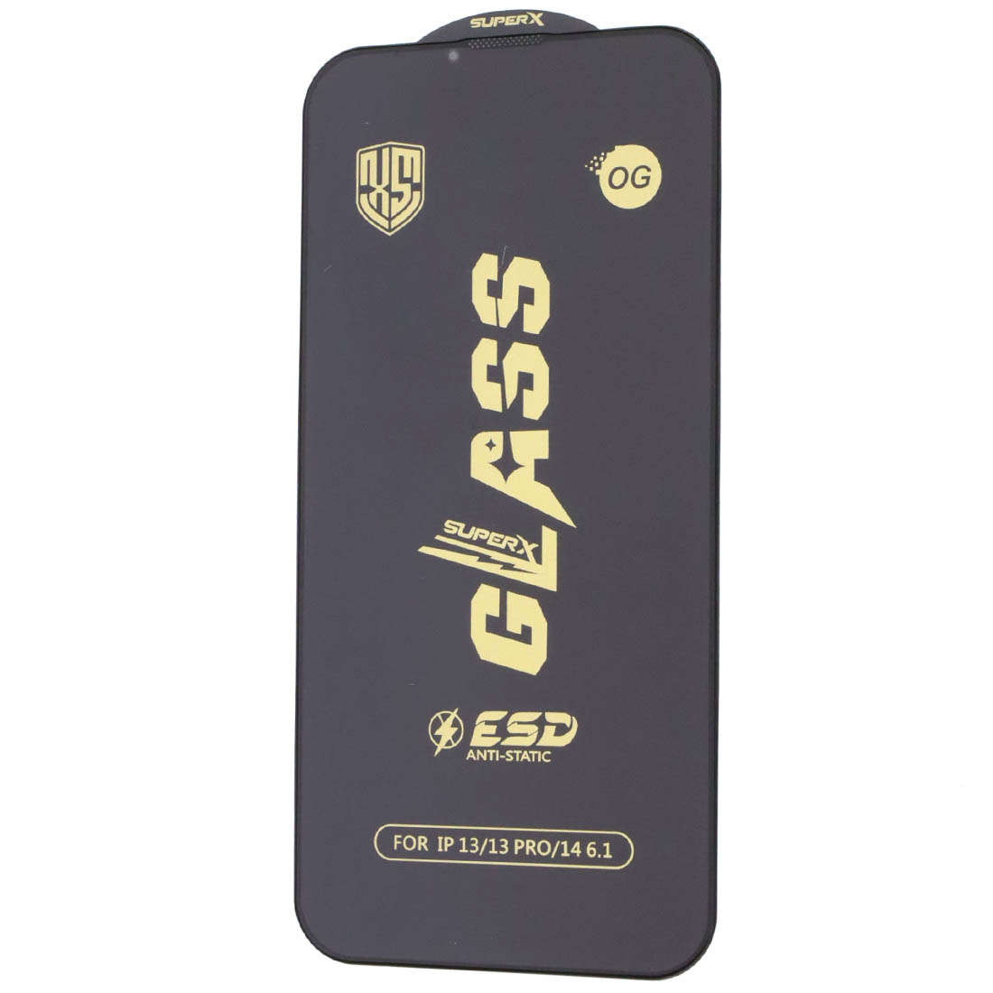 Защитное стекло ESD OG Glass SUPERX для APPLE iPhone 13 (6.1"), iPhone 13 Pro (6.1"), iPhone 14 (6.1"), iPhone 16e (6.1"), с сеточкой на динамике, цвет окантовки черный