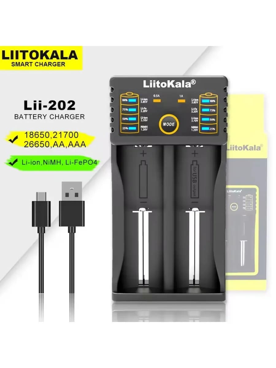 Зарядное интеллектуальное устройство LiitoKala Lii-202 на 2 аккумулятора для литий-ионных аккумуляторов 18650, 18490, 20700 и NiMH/Cd: A, AA, AAA, SC, 5V-1A, работает от кабеля Type-C, цвет черный