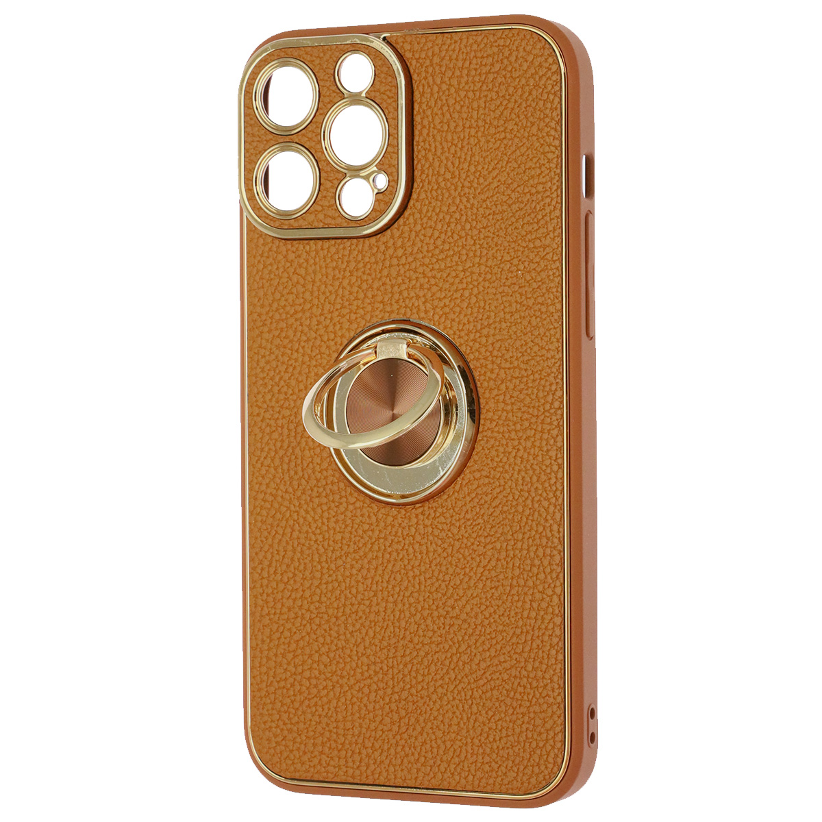Чехол накладка для APPLE iPhone 13 Pro (6.1"), силикон, пластик, экокожа, металл, кольцо держатель, защита камеры, цвет коричневый