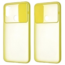 Чехол накладка для SAMSUNG Galaxy A11 (SM-A115), Galaxy M11 (M115), силикон, пластик, матовый, со шторкой для защиты задней камеры, цвет окантовки желтый