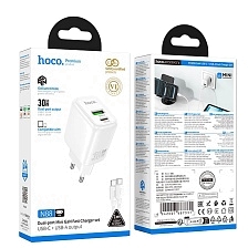 СЗУ (Сетевое зарядное устройство) HOCO N88 Seguro GaN с кабелем USB Type C на USB Type C, 30W, 1 USB A, 1 USB Type C, PD30W, QC3.0, длина 1 метр, цвет белый