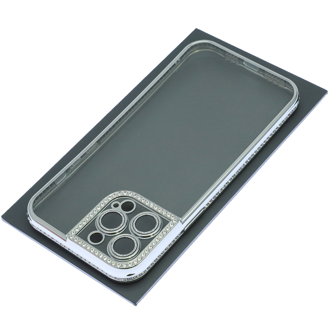 Чехол накладка для APPLE iPhone 13 Pro Max, силикон, защита камеры, стразы, цвет окантовки серебристый