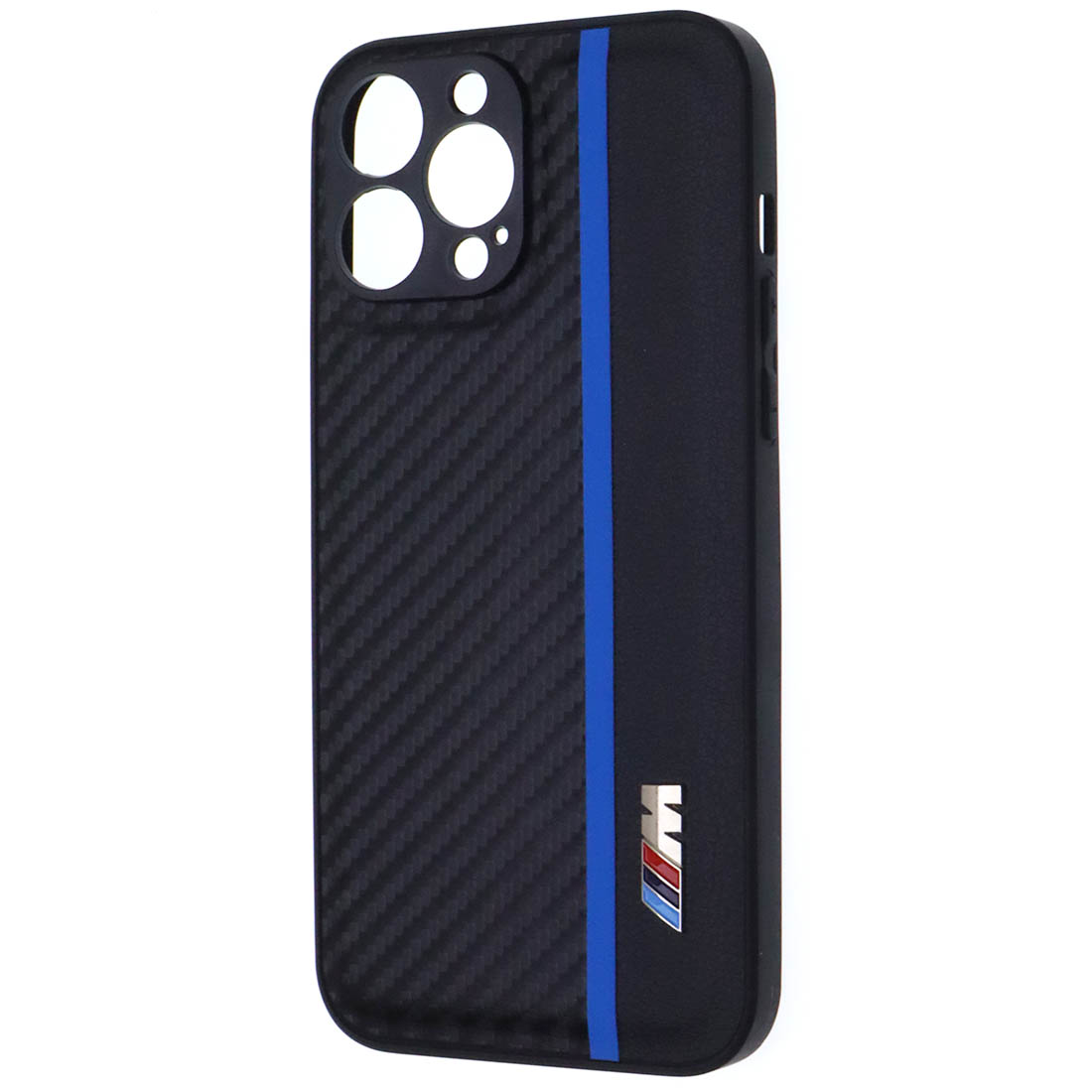 Чехол накладка для APPLE iPhone 13 Pro Max, силикон, карбон, экокожа, защита камеры, знак BMW M серии, цвет черный с синей полоской