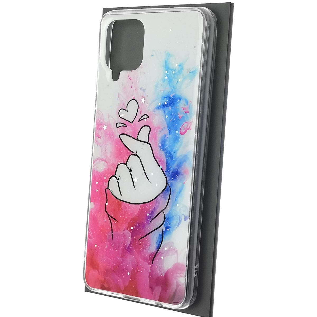 Чехол накладка Vinil для SAMSUNG Galaxy A12 (SM-A125), силикон, блестки, глянцевый, рисунок щелчок с сердечком