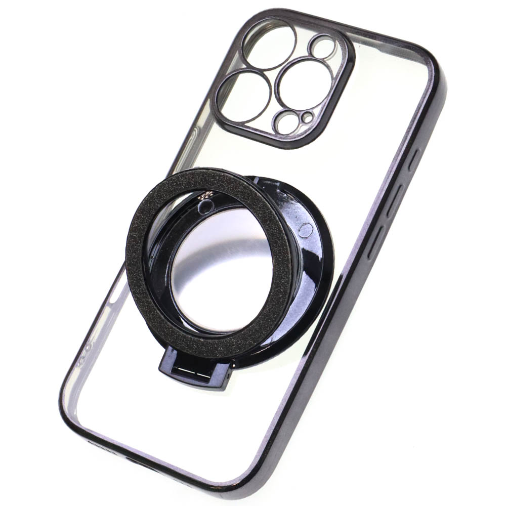 Чехол накладка для APPLE iPhone 16 Pro, силикон, защита камеры, кольцо держатель, прозрачный, цвет окантовки черный