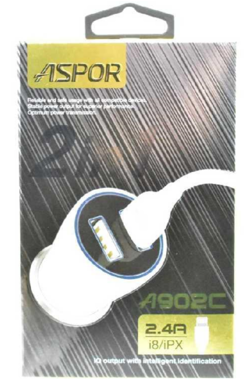 АЗУ (Автомобильное зарядное устройство) ASPOR A902 на 2 порта USB, 2.4A, с кабелем Lightning 8-pin, цвет белый