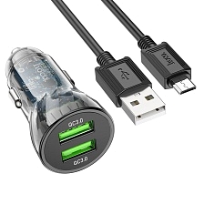 АЗУ (Автомобильное зарядное устройство) HOCO Z47 Transparent с кабелем Micro USB, 18W, 2 USB, QC3.0, длина 1 метр, цвет черный