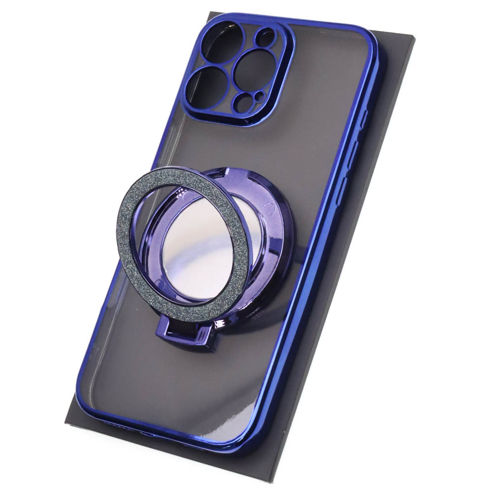 Чехол накладка для APPLE iPhone 16 Pro Max, силикон, защита камеры, кольцо держатель, прозрачный, цвет окантовки синий