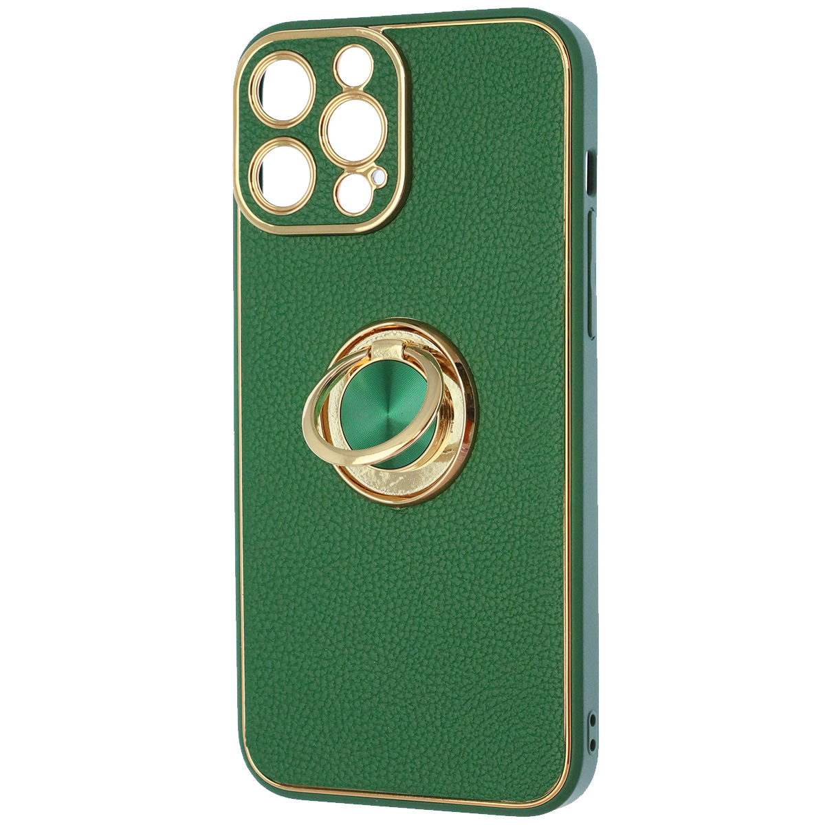 Чехол накладка для APPLE iPhone 13 Pro Max (6.7"), силикон, пластик, экокожа, металл, кольцо держатель, защита камеры, цвет темно зеленый