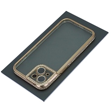 Чехол накладка для APPLE iPhone 14, силикон, стразы, защита камеры, цвет окантовки золотистый
