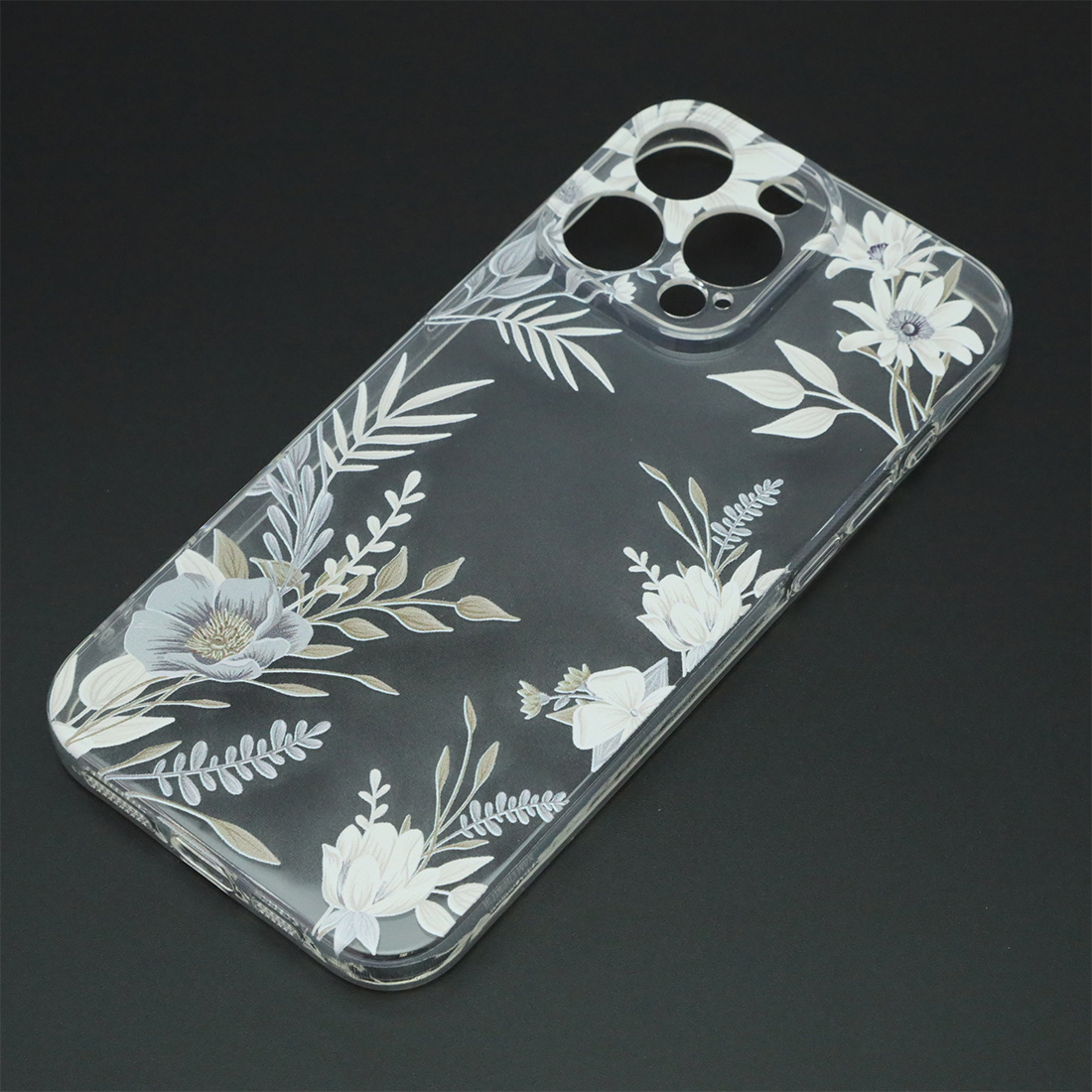 Чехол накладка для APPLE iPhone 16 Pro Max, защита камеры, силикон, прозрачный, рисунок Белые цветы