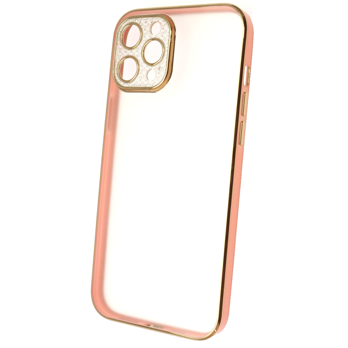 Чехол накладка для APPLE iPhone 12 Pro MAX (6.7"), силикон, пластик, стразы, защита камеры, цвет окантовки золотисто розовый