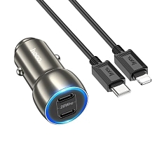 АЗУ (Автомобильное зарядное устройство) HOCO Z48 Tough кабелем USB Type C на Lightning 8 pin, 40W, 2 USB Type C, длина 1 метр, цвет темно серебристый