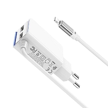 BOROFONE BA35A Brilliant, сетевое зарядное устройство с двумя USB портами, встроенный кабель APPLE Lightning 8-pin, ток 2.1A, цвет белый.