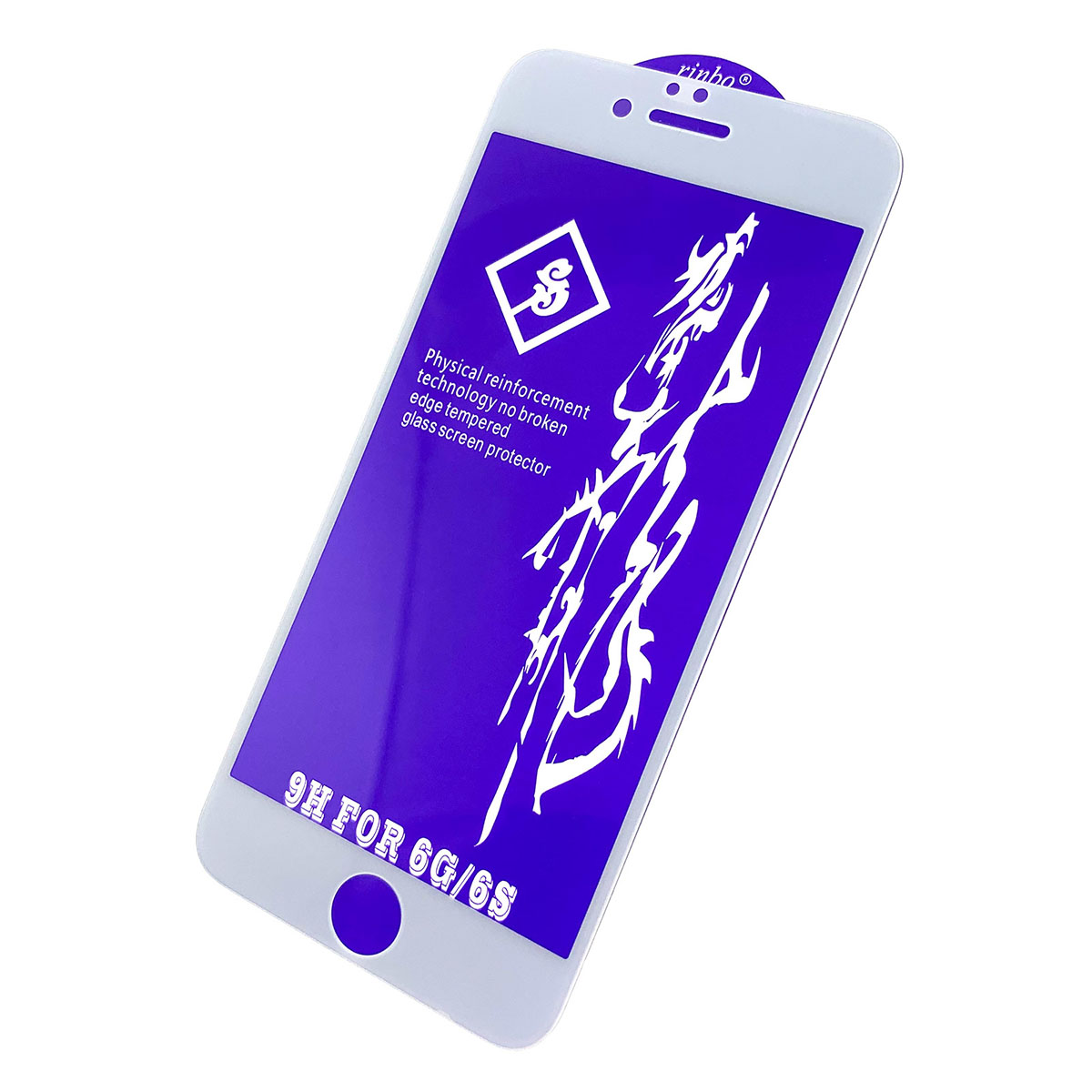 Защитное стекло 9H Rinbo для APPLE iPhone 6, 6G, 6S, цвет окантовки белый.
