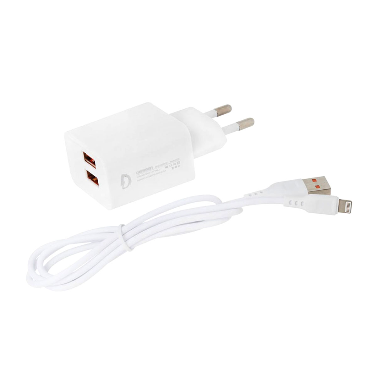 СЗУ (Сетевое зарядное устройство) DENMEN DC02L, 2.1A, 2 USB, кабель Lightning 8 pin, цвет белый СЗУ (Сетевое зарядное устройство) DENMEN DC02L, 2.1A, 2 USB, кабель Lightning 8 pin, цвет белый