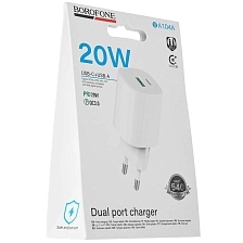 СЗУ (Сетевое зарядное устройство) BOROFONE BA104A, 20W, 1 USB A 18W, 1 USB Type C 20W, PD20W, QC3.0, цвет белый