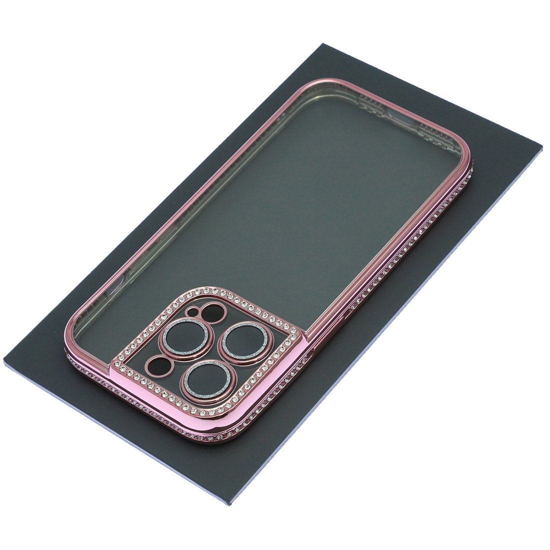 Чехол накладка для APPLE iPhone 14 Pro, силикон, стразы, защита камеры, цвет окантовки розовое золото