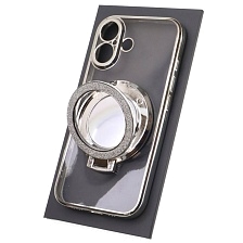 Чехол накладка для APPLE iPhone 16, силикон, защита камеры, кольцо держатель, прозрачный, цвет окантовки серебристый