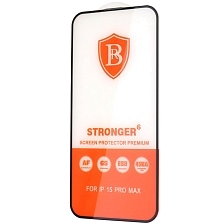 Защитное стекло STRONGER для APPLE iPhone 15 Pro Max, цвет окантовки черный Защитное стекло STRONGER для APPLE iPhone 15 Pro Max, цвет окантовки черный