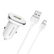 АЗУ (Автомобильное зарядное устройство) BOROFONE BZ12A Lasting power с кабелем Micro USB, QC3.0, длина 1 метр, цвет белый