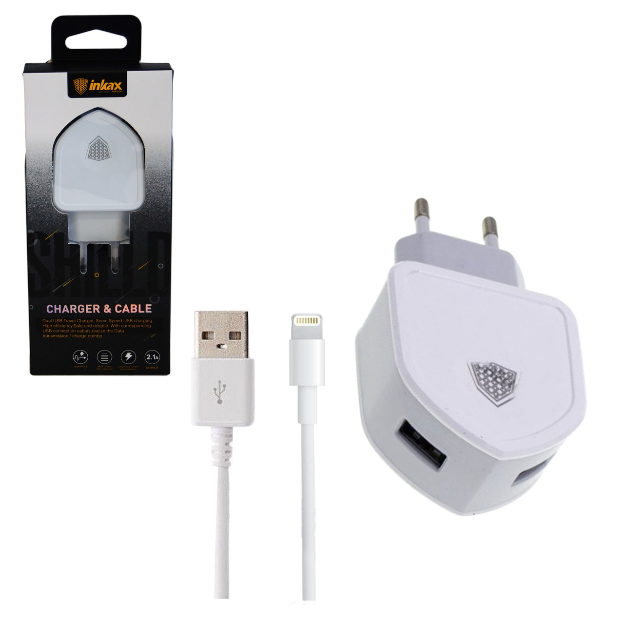 СЗУ "Inkax" 5V - 2100mA CD-18-IP + USB кабель Apple lightning 8 pin цвет белый.