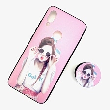Чехол накладка для XIAOMI REDMI 7, силикон, попсокет, рисунок Девушка в очках, цвет белый.