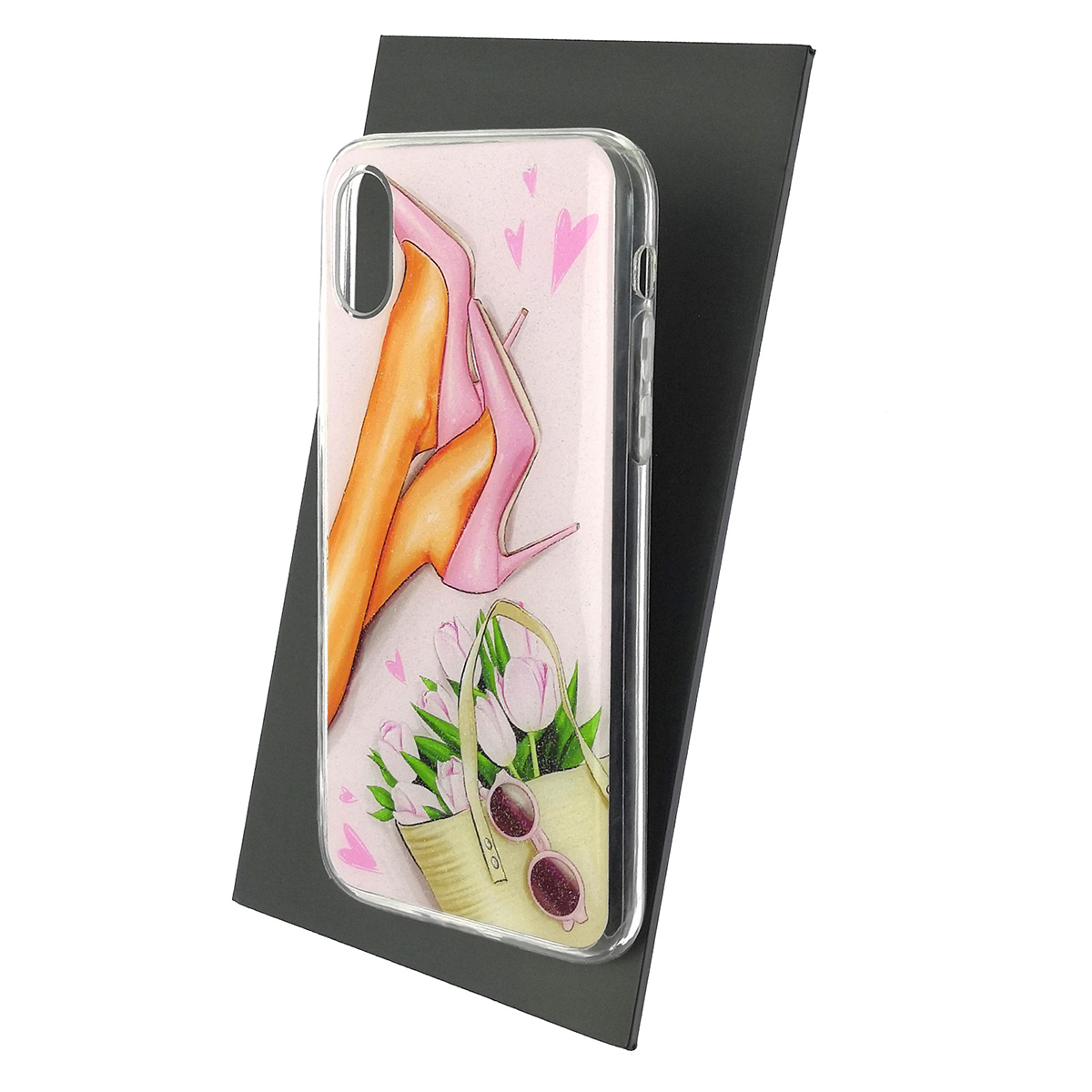 Чехол накладка для APPLE iPhone X, iPhone XS, силикон, блестки, глянцевый, рисунок Туфли сумка очки